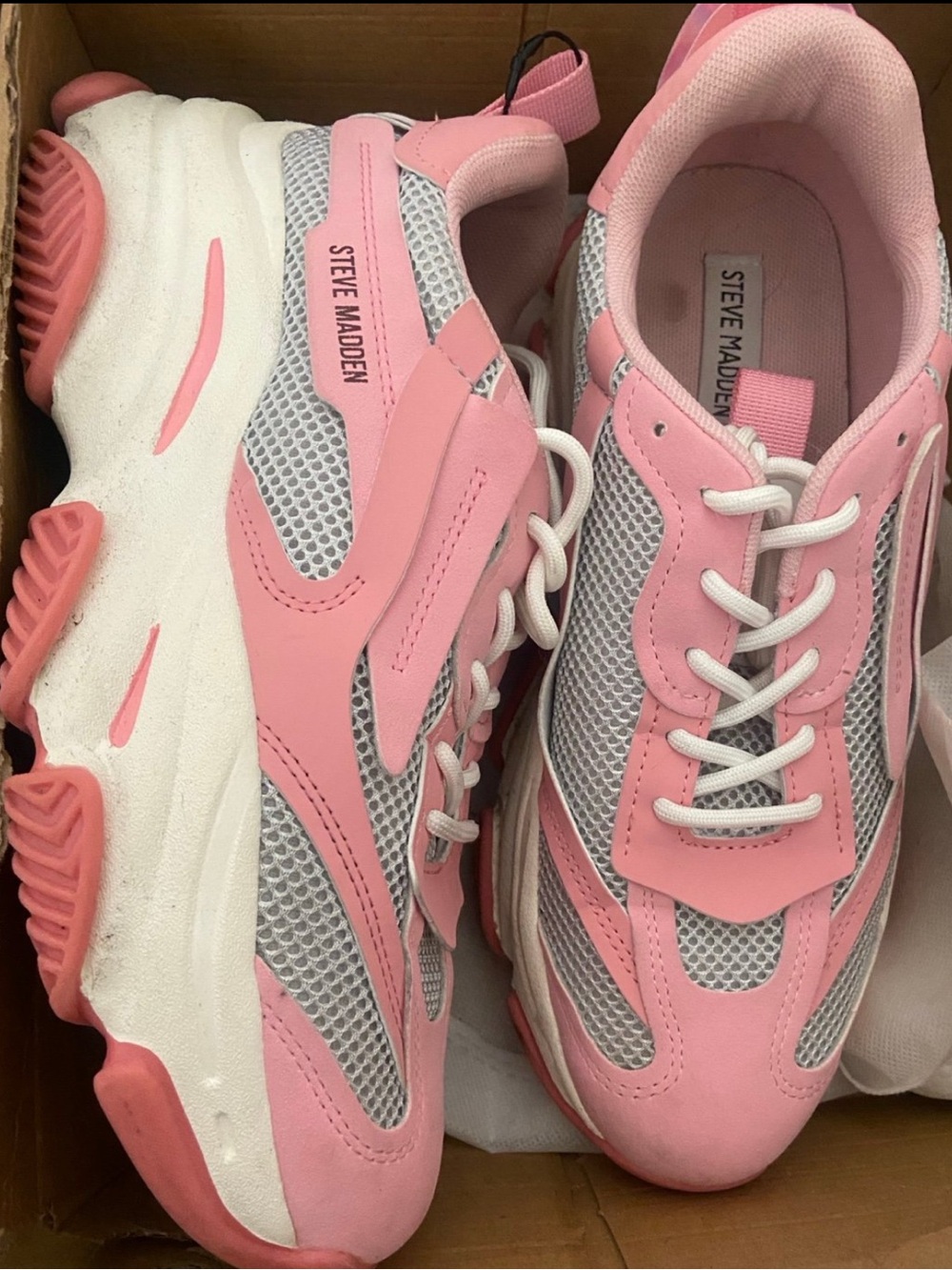 Steve Madden Pink and Gray Chunky Mesh Platform Sneakers